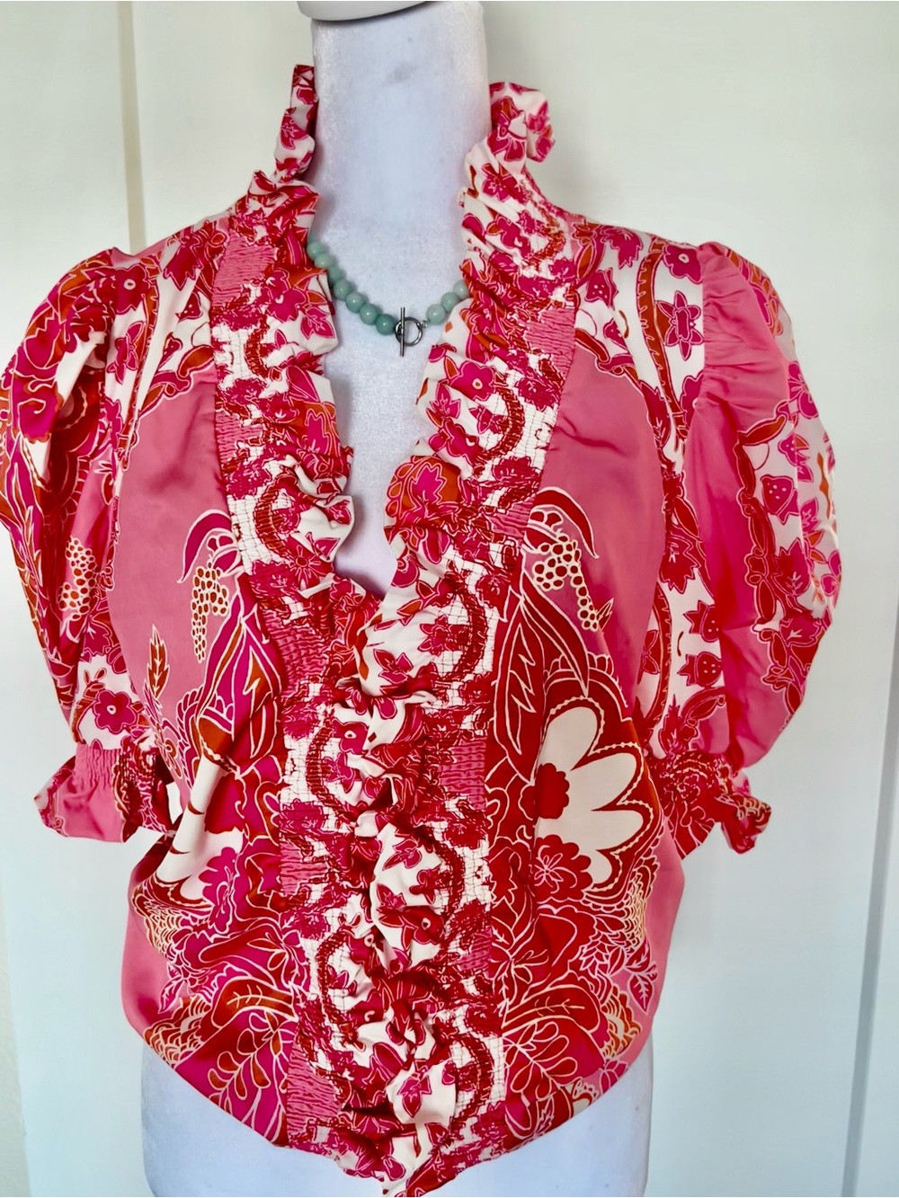 Pink floral paisley ruffle trim blouse, size XL